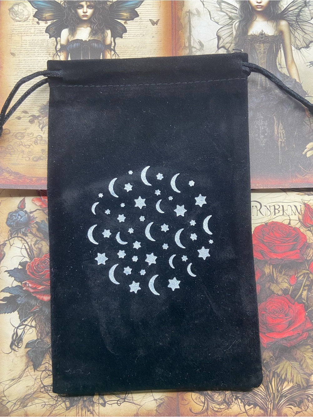 Hand Crafted Black Velvet Moon & Stars Drawstring Pouch